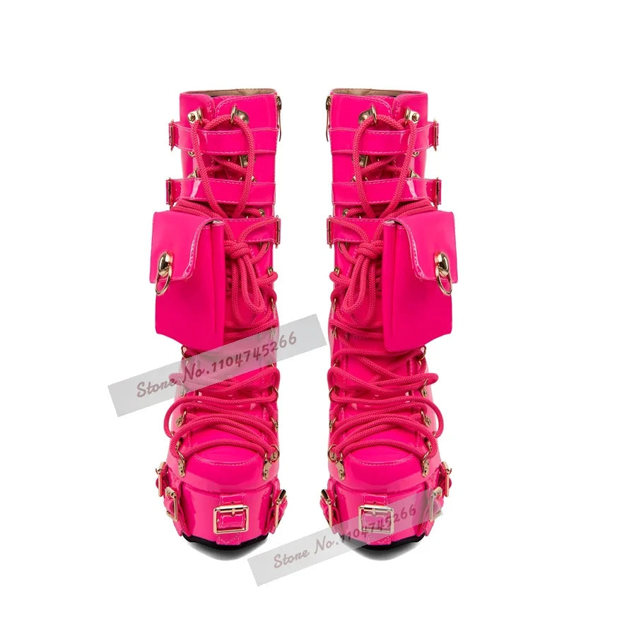Fuchsia Patent Leather Wedged Lace-Up Ankle Boots Green Buckle Straps Metal Decor Booties Hgih Platform Pocket Nightclub Shoes