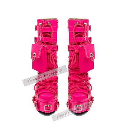 Fuchsia Patent Leather Wedged Lace-Up Ankle Boots Green Buckle Straps Metal Decor Booties Hgih Platform Pocket Nightclub Shoes
