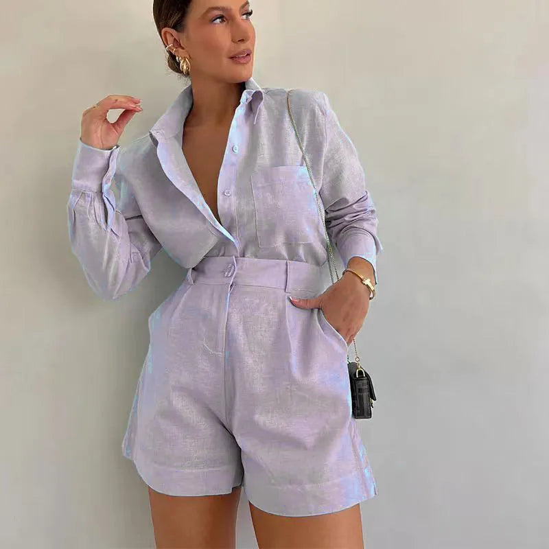 Women's Long Sleeve 2-Piece Set Casual Button Detail Shorts Outfit with Shirt Top Summer Fashion Female Suit