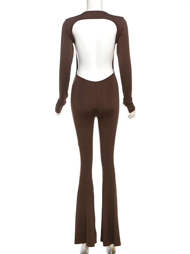SIsterlinda Solid Sexy Backless Bodycon Wide Leg Jumpsuit Women Autumn Casual Slim Long Sleeve O-Neck Playsuit Lady Streetwear
