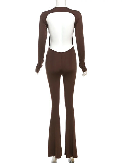 SIsterlinda Solid Sexy Backless Bodycon Wide Leg Jumpsuit Women Autumn Casual Slim Long Sleeve O-Neck Playsuit Lady Streetwear