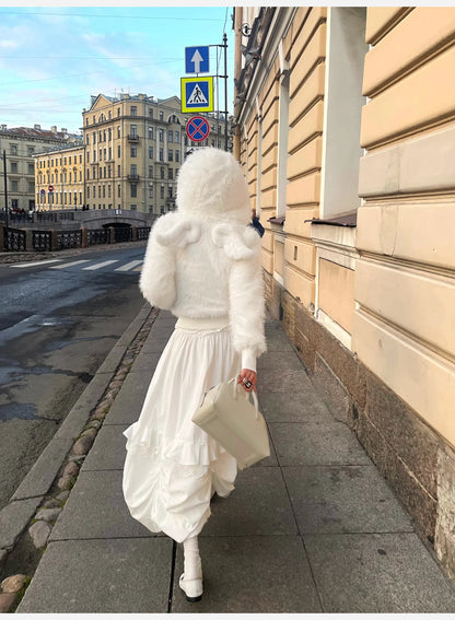 Lautaro Autumn Winter Thick Warm Sweet Cute White Short Faux Fur Coat Hoodie Women with Fairy Angel Zipper Fitted Fluffy Jacket