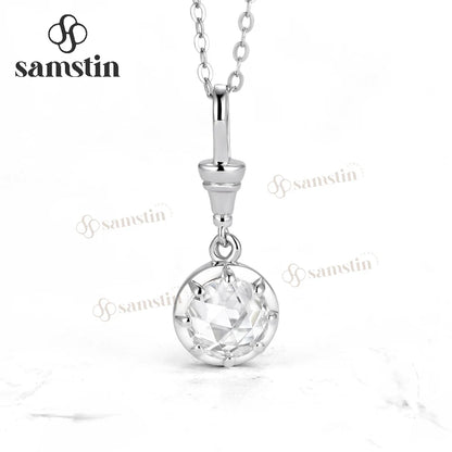 Samstin 1CT Rose Cut Moissanite Custom Necklace for Women Solid 14K 10K White Gold Engagement Necklace for Christmas Gifts Party
