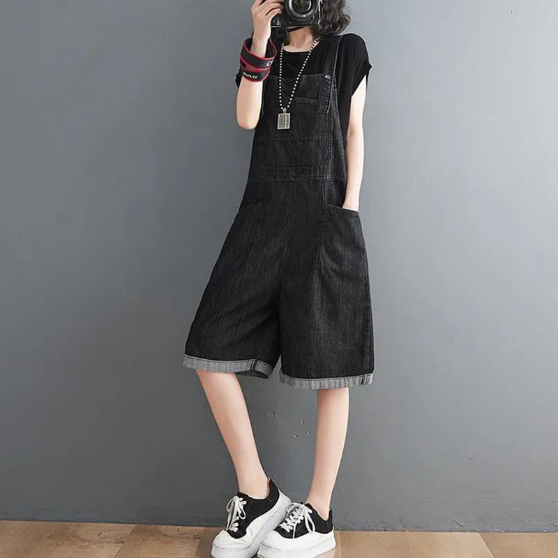 Summer Denim Straps Shorts Jeans Overalls Women Korean Wide Leg Jumpsuits Female Suspender Rompers Casual Conjoined Fifth Pants