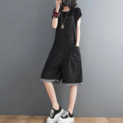 Summer Denim Straps Shorts Jeans Overalls Women Korean Wide Leg Jumpsuits Female Suspender Rompers Casual Conjoined Fifth Pants
