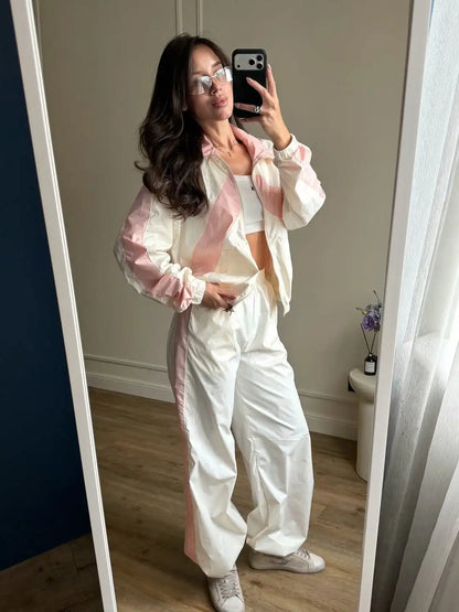 Chevron Stripe Windbreaker Tracksuit Women Casual Zip Cropped Jacket Contrast Trim Shorts Suit Lady Daily Jogging Street Outfit