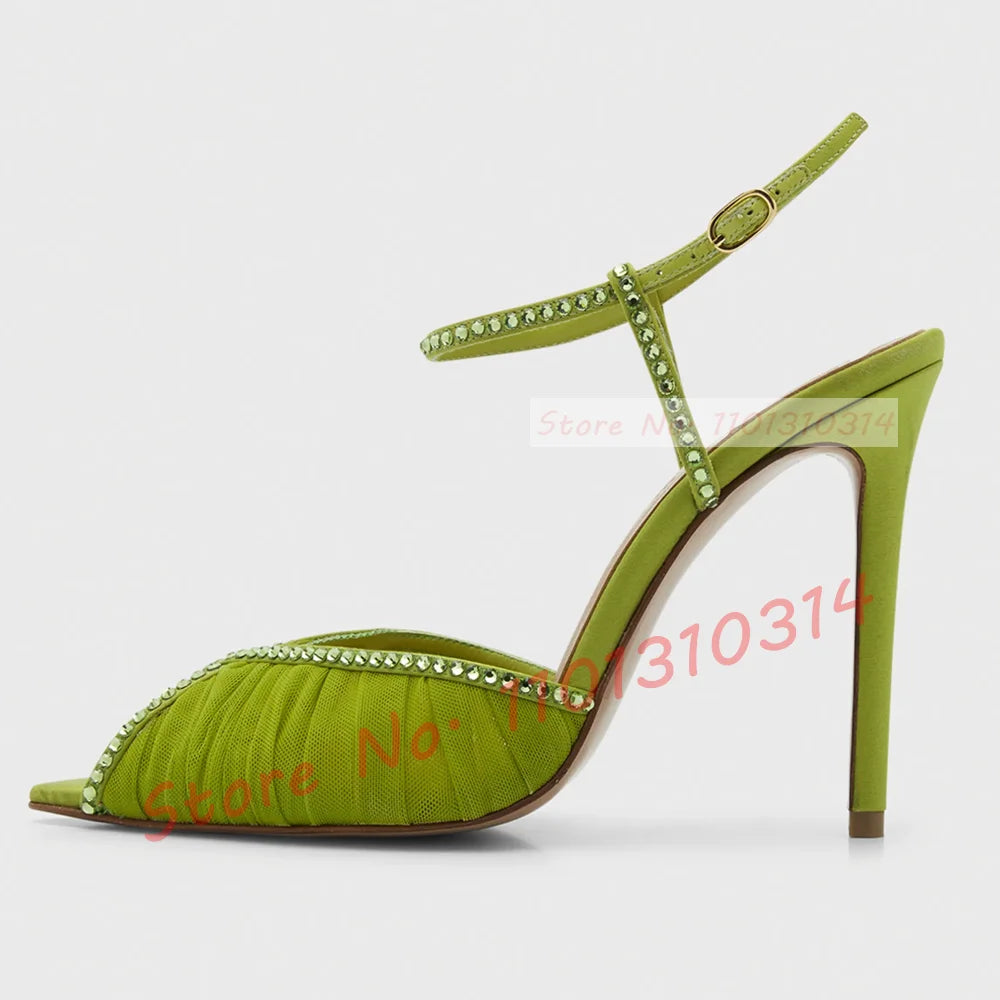Peep Toe Tulle Sandals Stiletto High Heels Women Luxury Crystals Trim Pleated Mesh Shoes Summer Ladies Graceful Evening Shoes