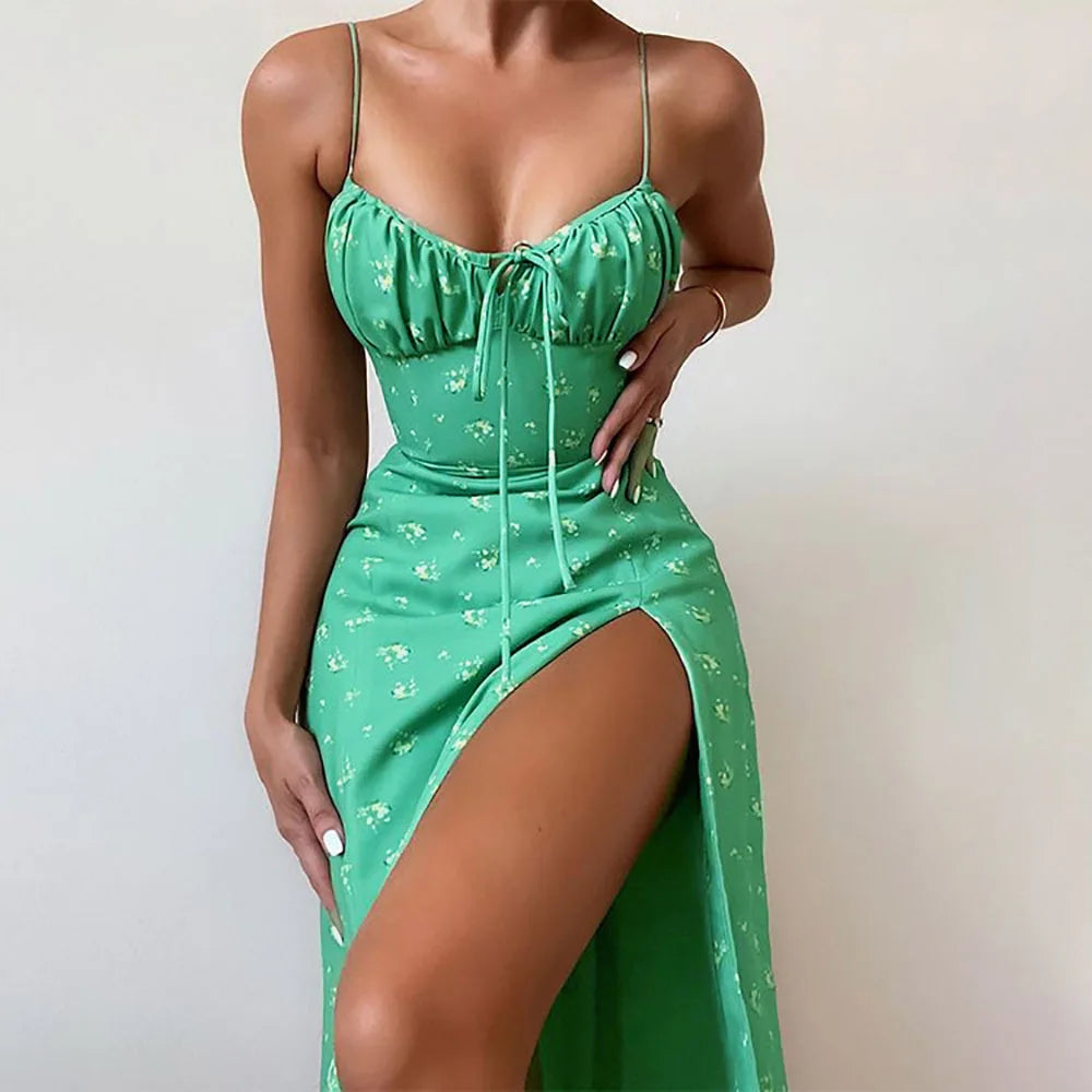 Women Elegant Floral Beach Vacation Streetwear Sexy Low Cut Beach Party Slim Slit Dress Chic Bodycon Lady Sleeveless Vestidos