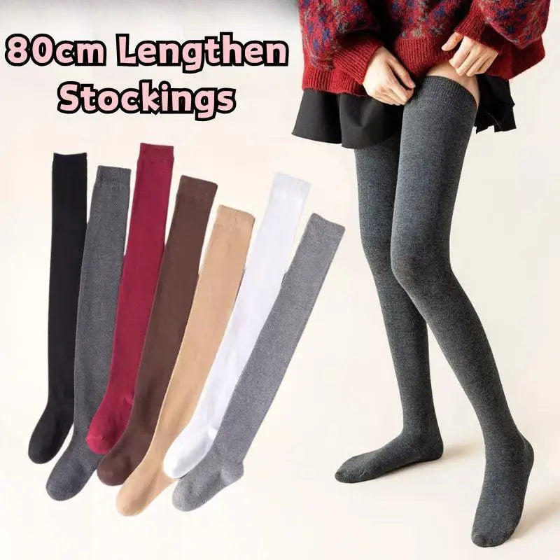 1pair Women Cotton Over Knee High Socks 80cm Lengthened High Over Knee Stockings Black White Soild Color Long Warm Knee Socks