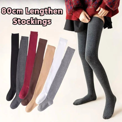 1pair Women Cotton Over Knee High Socks 80cm Lengthened High Over Knee Stockings Black White Soild Color Long Warm Knee Socks