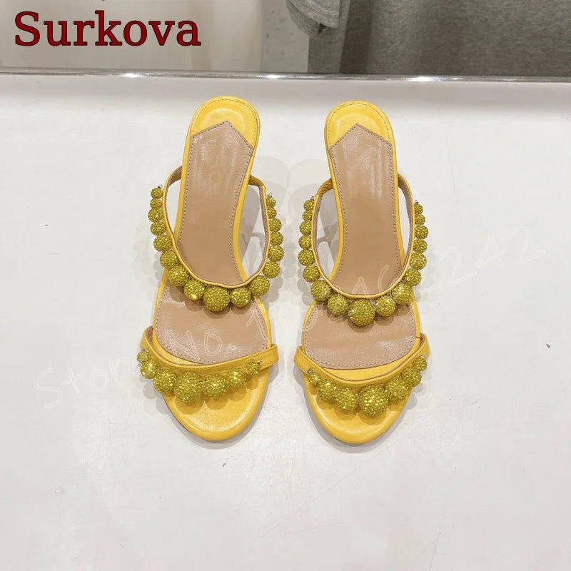 Green Pearl High Heel Slippers Open Toe Round Head Shallow Mouth Slippers Elegant Casual Luxury Dress Women'S Shoes Summer New