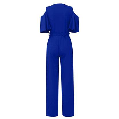 Jumpsuit Summer Pure Color Women Sexy Deep V Neck Short Sleeve Rompers Fashion Slim Fit Lace Up Elegant Female Wide Leg Jumpsuit