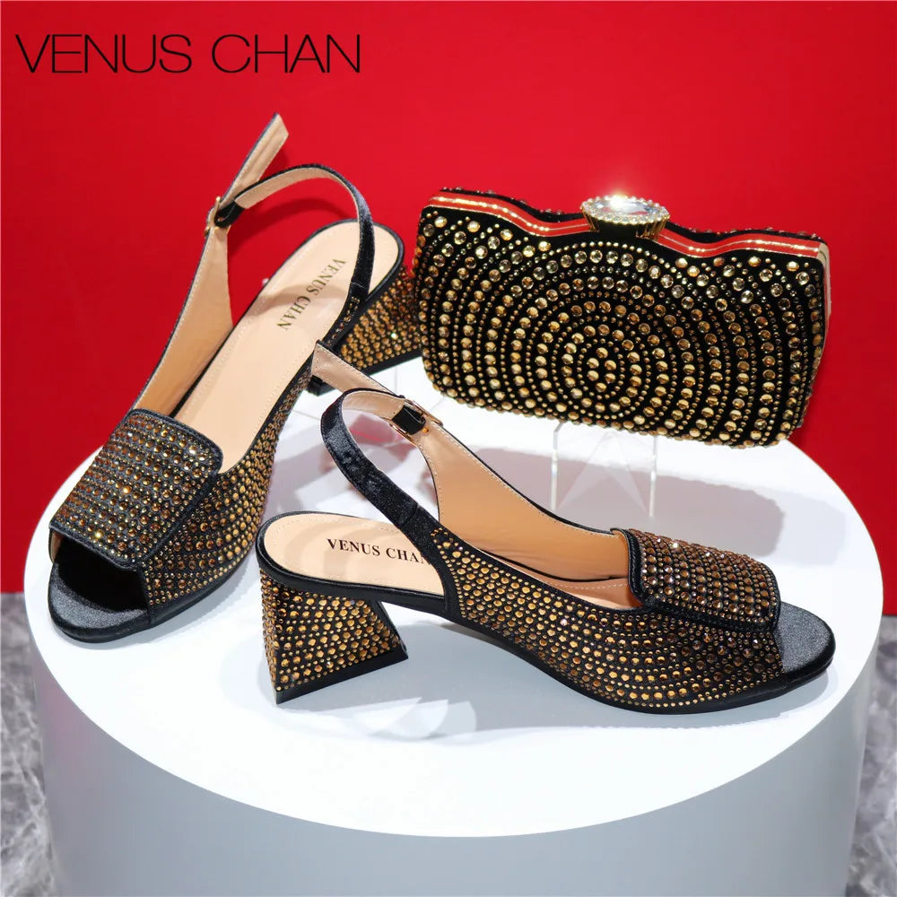 High Heels Shoes for Women Embroidery Rhinestone Italian Design Blue Color Pointed Toe Shoes and Bags Set Fashion