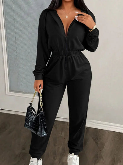 2024 Autumn And Winter New Women's Fashion Solid Color Drawstring Zipper Hooded Jumpsuit Casual Matching