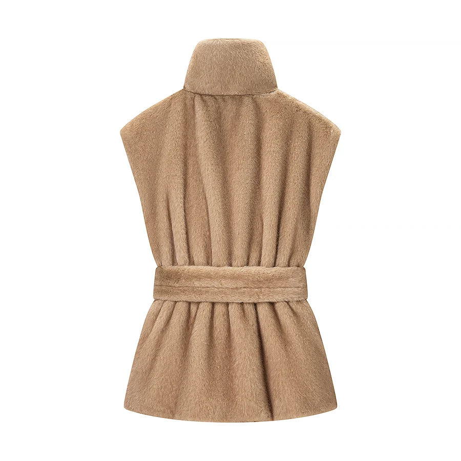 Winter Thick Sleeveless Faux Fur Jacket Women Vintage Stand Collar Waist Cinched Warm Coat Female Daily Commuting Street Outfits