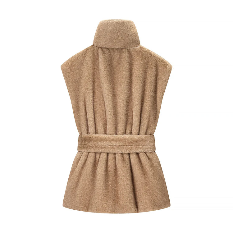 Winter Thick Sleeveless Faux Fur Jacket Women Vintage Stand Collar Waist Cinched Warm Coat Female Daily Commuting Street Outfits