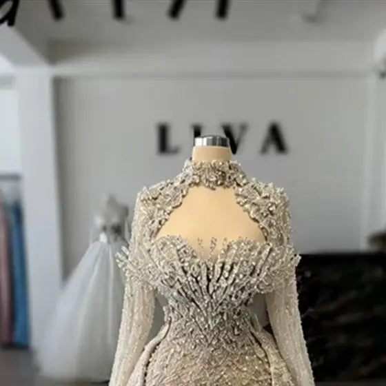 Luxury Dubai Champagne Mermaid Evening Dress with Detachable Train Heavy Beads Crystal Tassel Wedding Party Gown Vestidos gala