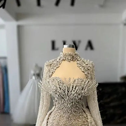 Luxury Dubai Champagne Mermaid Evening Dress with Detachable Train Heavy Beads Crystal Tassel Wedding Party Gown Vestidos gala