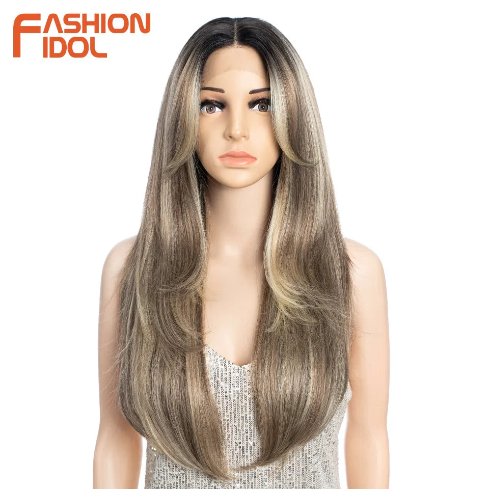FASHION IDOL 26inch/65cm Straight Hair Lace Front Wigs Synthetic Hair Ombre Blonde Brown Hair Wigs Cosplay Heat Resistant Fiber