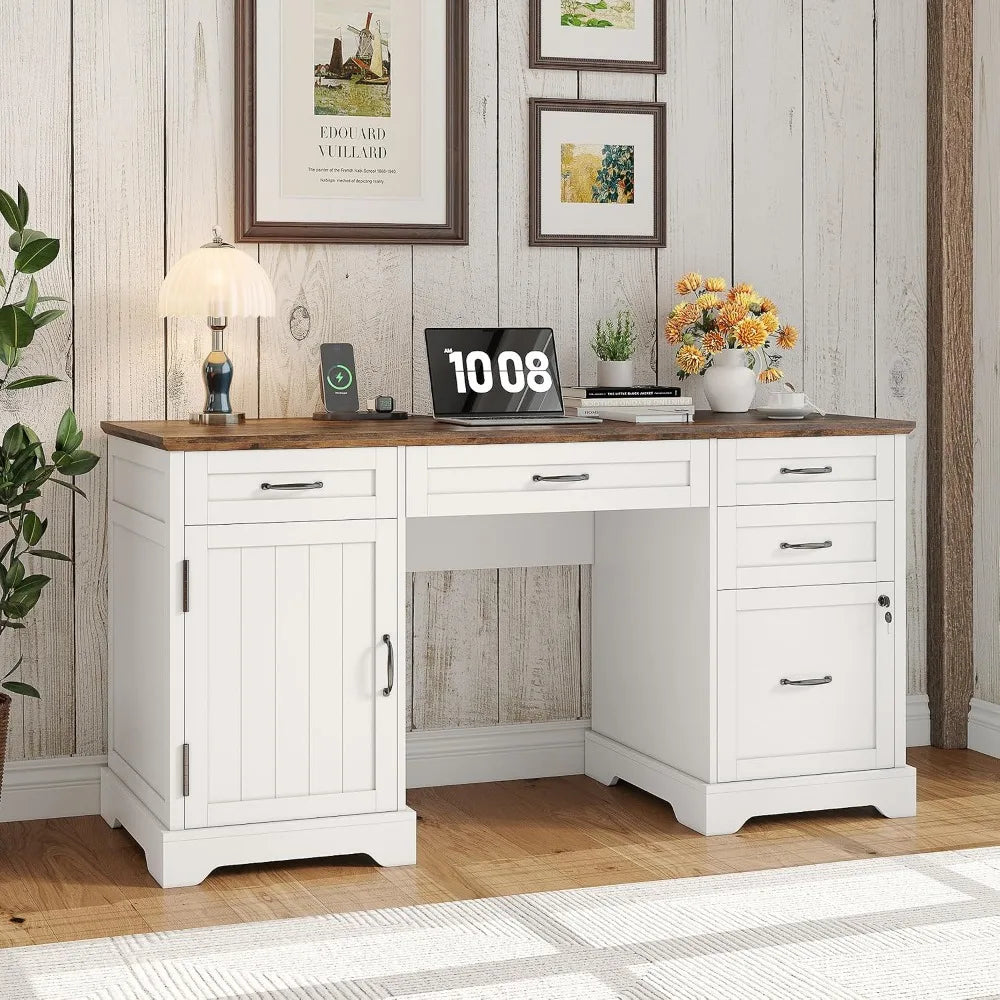 Whalefall 55'' Farmhouse Desk Home Office with Drawers, White