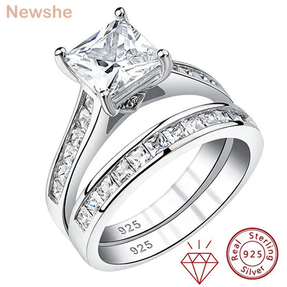 Newshe 2 Pcs GRA Certified Moissanite Princess Cut Wedding Rings Set for Women 925 Sterling Silver Engagement Ring Jewelry