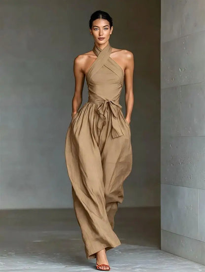 2026 High Waist Tie-up Wide Leg Pants Jumpsuit Woman Sexy Criss Cross Halter Backless Zips Romper Summer Solid Office Overalls