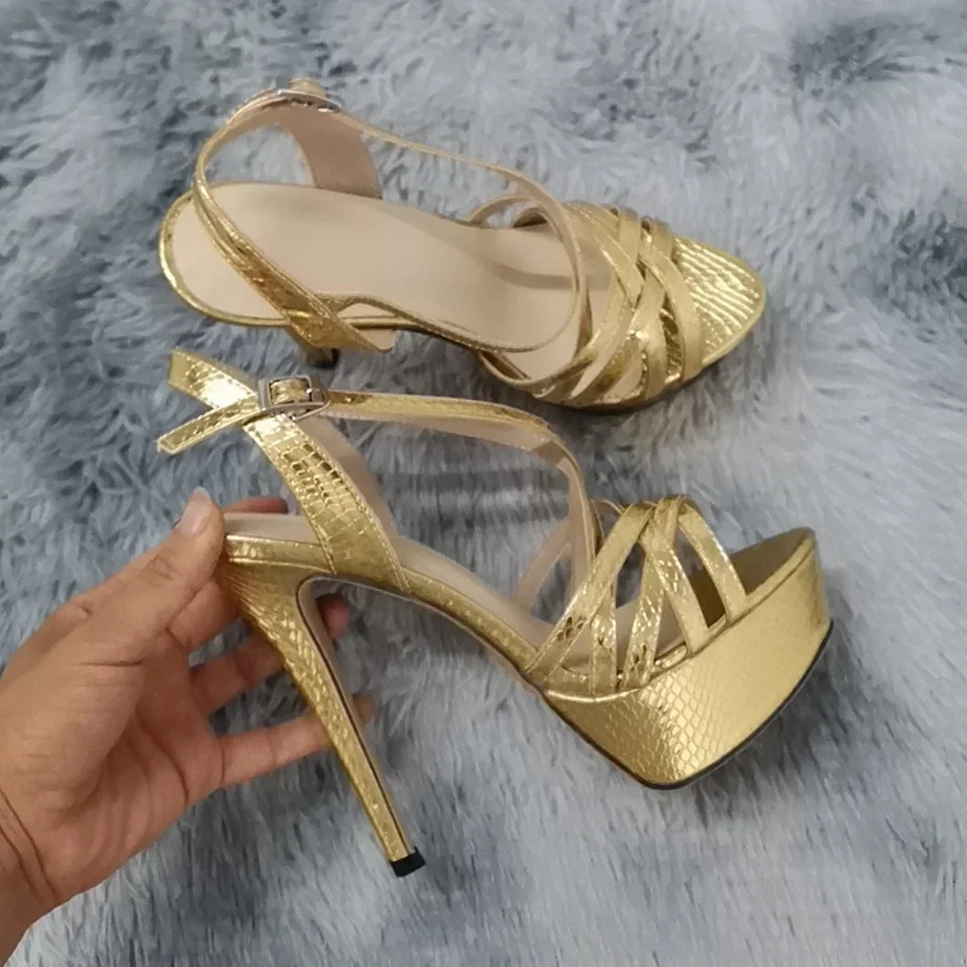 Women Sandals Catwalk Shows 14CM Open Toe Platform High Heels Snake Pattern Stilettos Sexy Ankle Strap Gladiator Party Shoes
