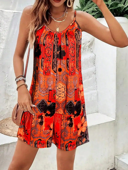 Women's All-Over Print Sleeveless Jumpsuit - Round Neck Strappy Romper, Vacation Beach Outfit, Flowy Summer Short Jumpsuit