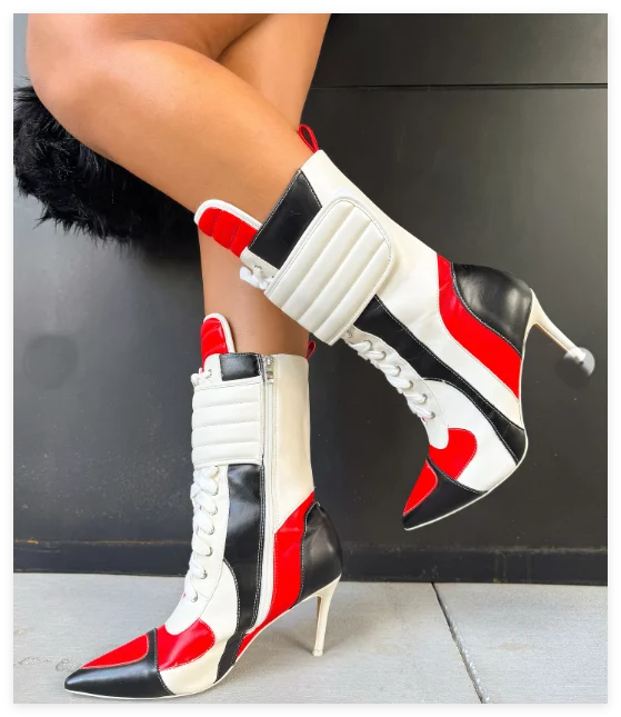 Cool Punk Mixed Colors Leather Motorcycle Boots Pointed Toe Lace up Sexy White Short Boots Women's High Heels Luxury Designer