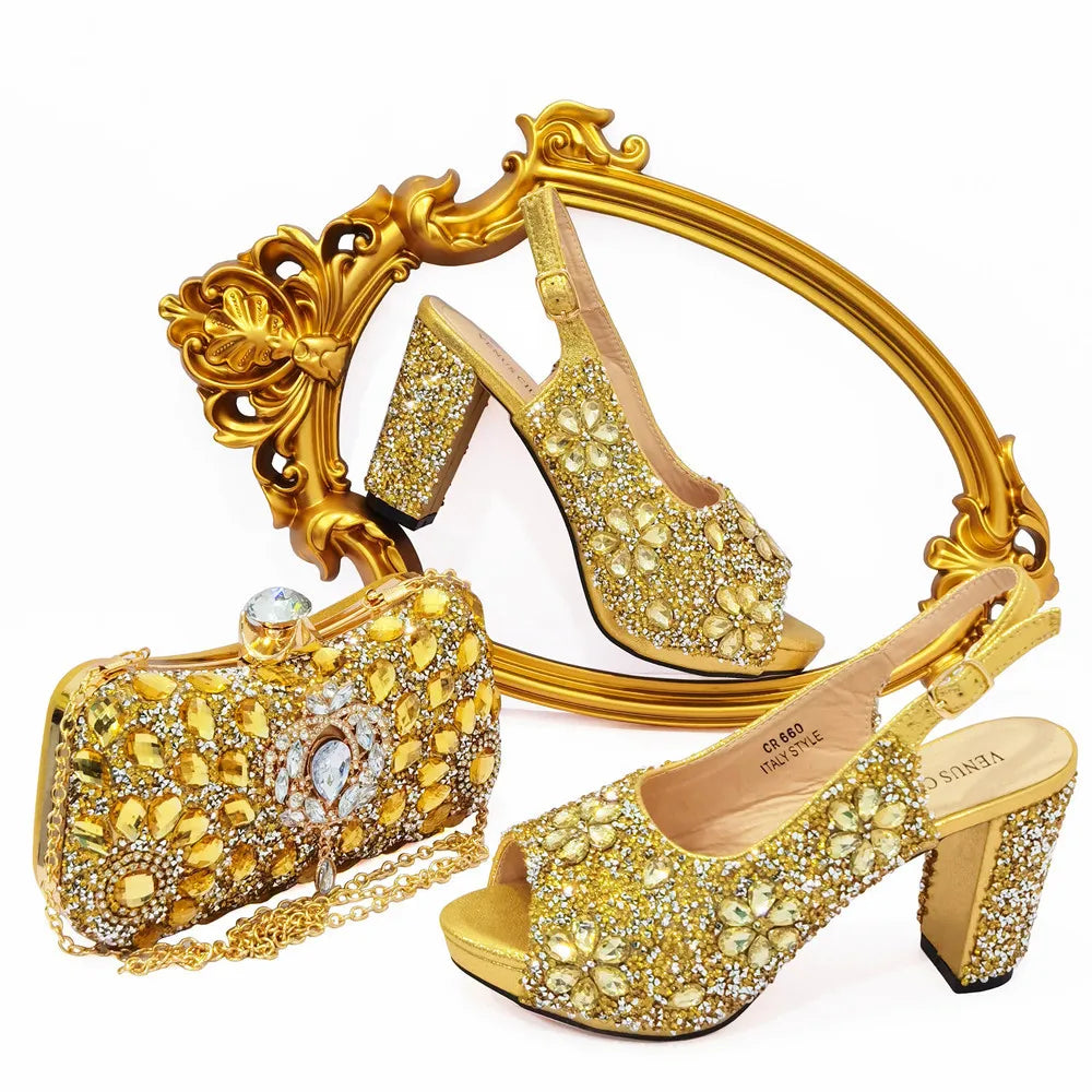Summer Italian Latest Design Ladies Luxury Rhinestone High Heel Shoes and Bag Set To Go To Wedding Christmas Party Wear