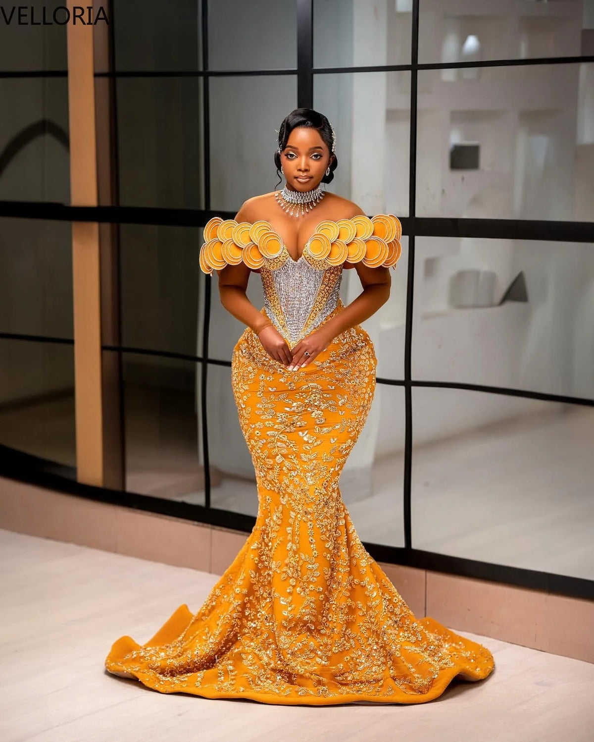 Luxury Mermaid Evening Dress 3D Round Shoulder Detail Crystal African Women's Wedding Beaded Corset Ball Dress Customization