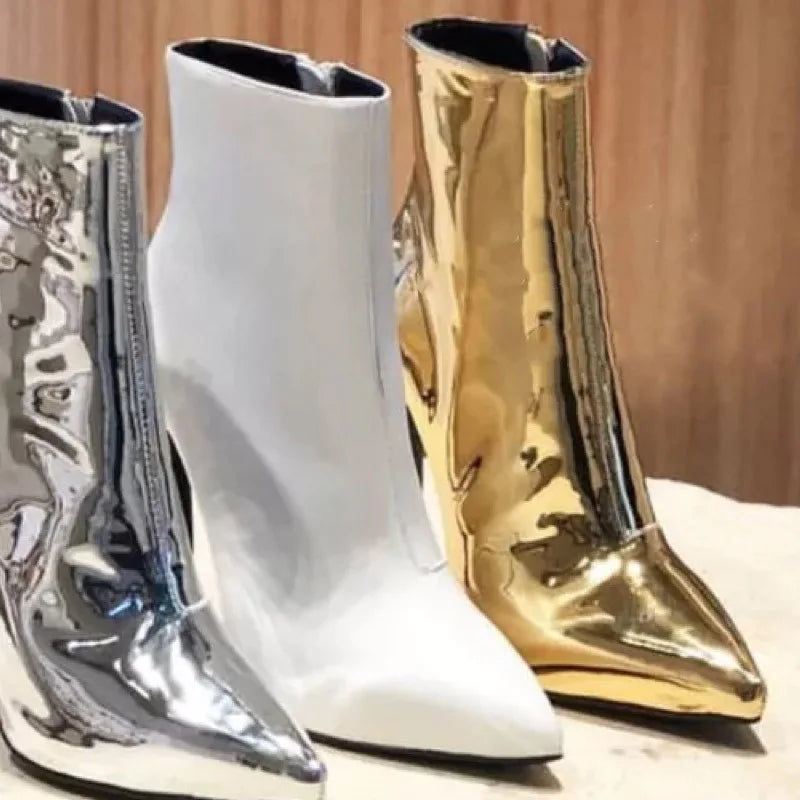 Design Ankle Boots Women Fashion Zipper Pointed  High Heels Gold Silver Patent Leather Short Booties Shoes Catwalk Shoes