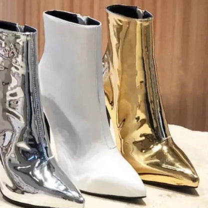 Design Ankle Boots Women Fashion Zipper Pointed  High Heels Gold Silver Patent Leather Short Booties Shoes Catwalk Shoes
