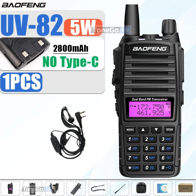 1/2Pcs Baofeng UV-82 Walkie Talkie 5/8W Tri-Power FM Radio Type-C Charger Dual PTT Dual Band VHF/UHF Two Way Camouflage For Hunt