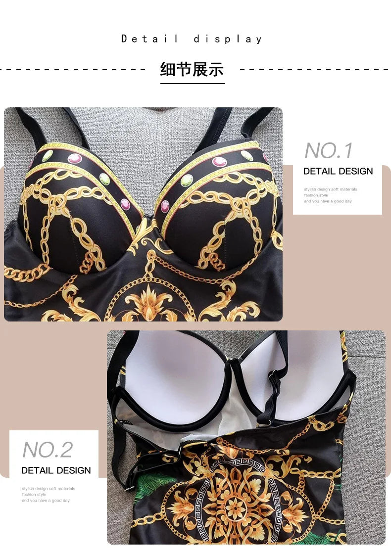 Underwire Women Sexy Swimsuit 2 Piece Swimwear Slim Monokini Chains Print Push Up Bikini Black Blue Green Beachwear Light Luxury