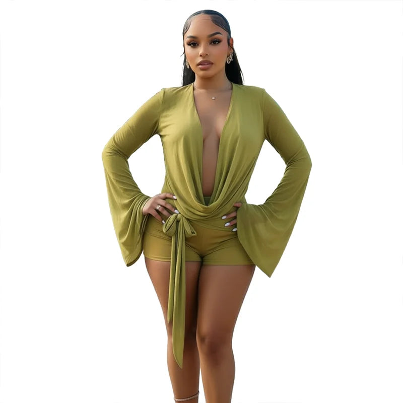 Chiffon Long Sleeve Sexy Slender Ladies Ruffle Neck Deep Back Bodysuit Three-Part Shorts