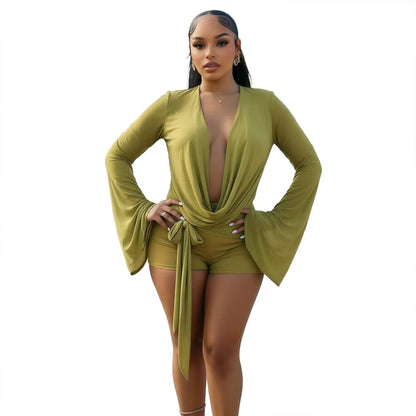 Chiffon Long Sleeve Sexy Slender Ladies Ruffle Neck Deep Back Bodysuit Three-Part Shorts