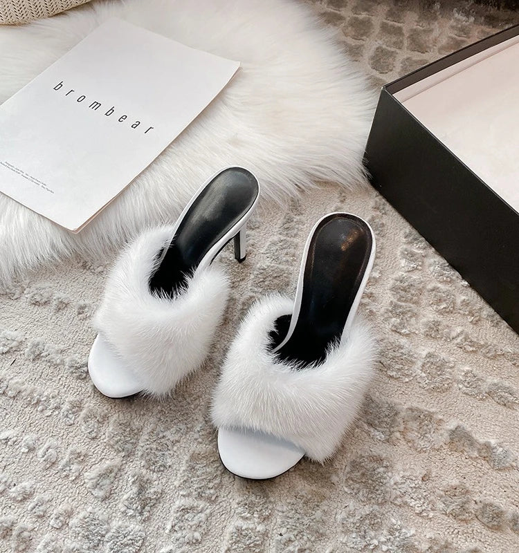 Mink fur high heels for women, slim heels, summer new style, open toe slippers, sexy fish mouth leather party sandals for women