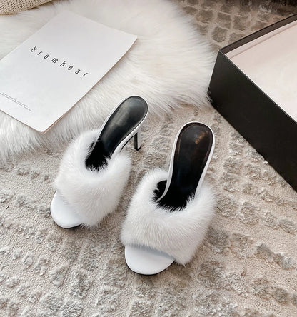 Mink fur high heels for women, slim heels, summer new style, open toe slippers, sexy fish mouth leather party sandals for women