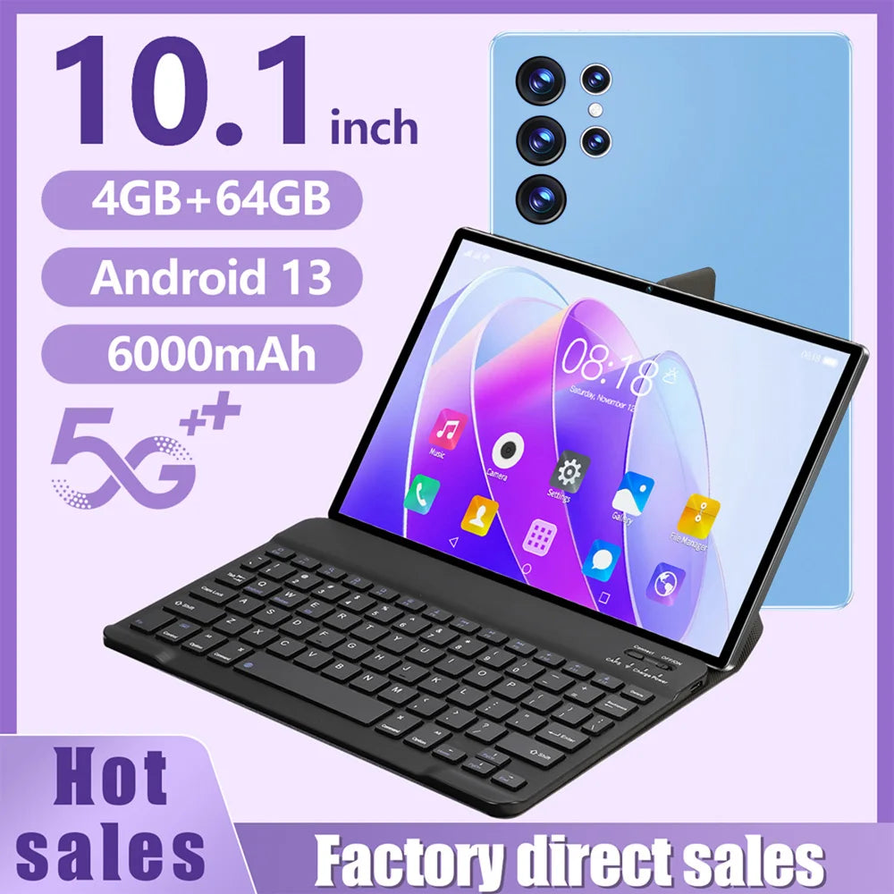 New Upgraded Pad 10.1 Inch Android Tablet Octa Core 4GB+64GB ROM Dual Phone Call WiFi Google Play Tablet PC with Keyboard Case