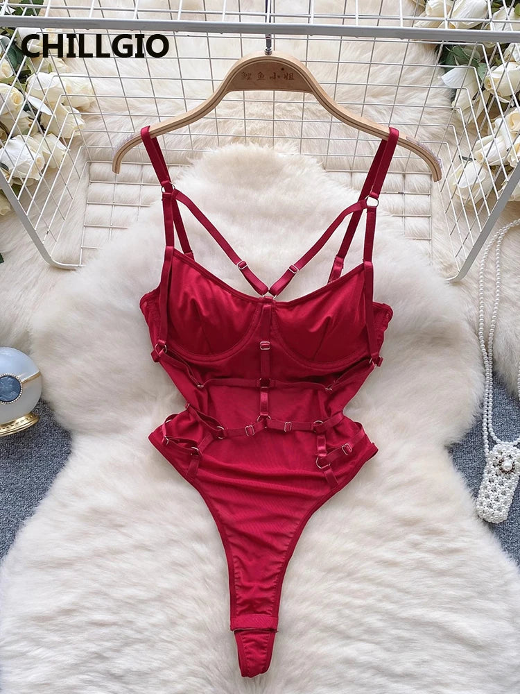CHILLGIO Women Sexy Lace Strappy Rompers Lingerie One Piece Combination Bodycon Catsuits Sheer Fashion Solid Push Up Bodysuits