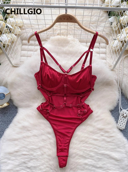 CHILLGIO Women Sexy Lace Strappy Rompers Lingerie One Piece Combination Bodycon Catsuits Sheer Fashion Solid Push Up Bodysuits