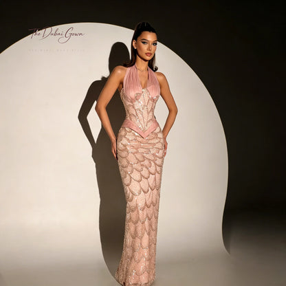 Elegant Pink Halter Neck Strapless Sleeveless Floor Length Mermaid Formal Gown Featuring Sequin and Bead Embellishments