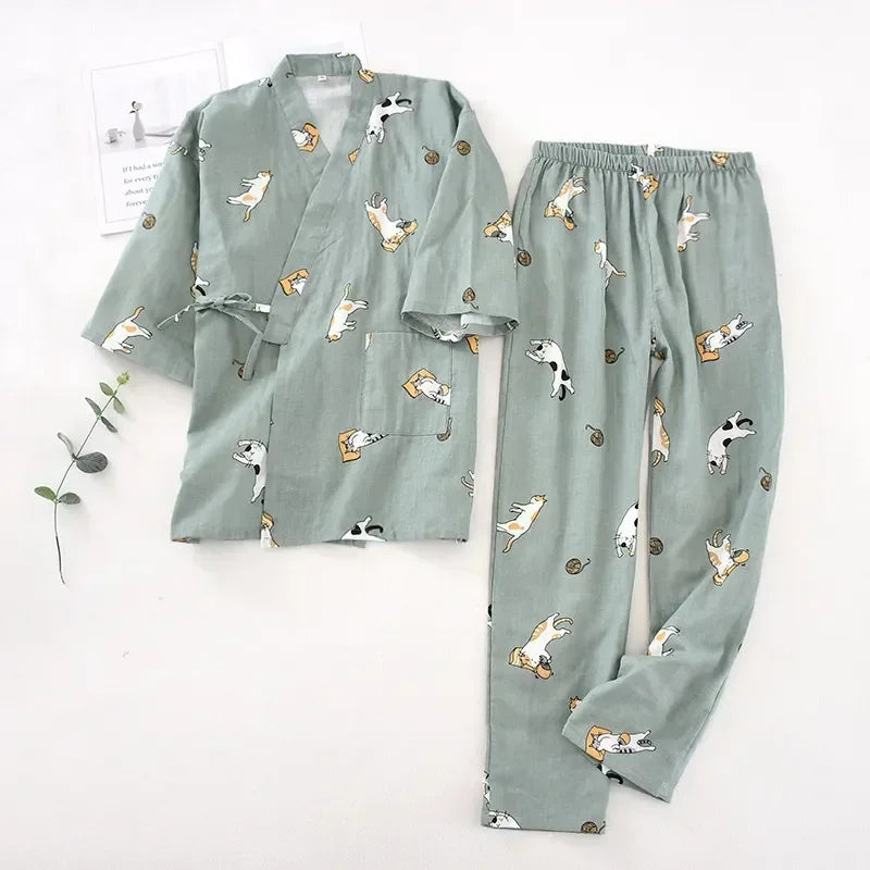 2026 new seven-sleeve Japanese-style kimono pajamas set female spring and autumn 100% cotton gauze home clothes cute sweet two-p