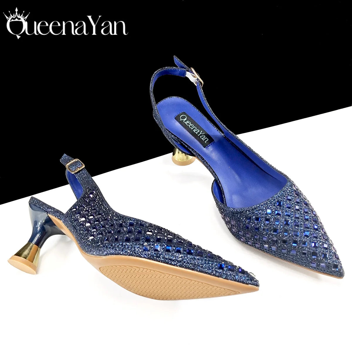 Queena Yan 2026 Italian Design Rhinestone Luxury Navy Blue Pointed Toe Shoe & Bag Set Women High Heels for Parties High Quality