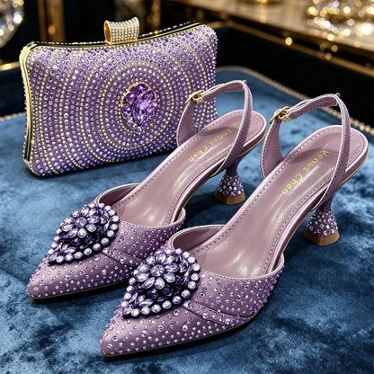 Elegant Women's Green Crystal Rhinestone Party Wedding Shoes & Evening Clutch Bag Set Pointed Toe Slingback Heels Sparkly Purse