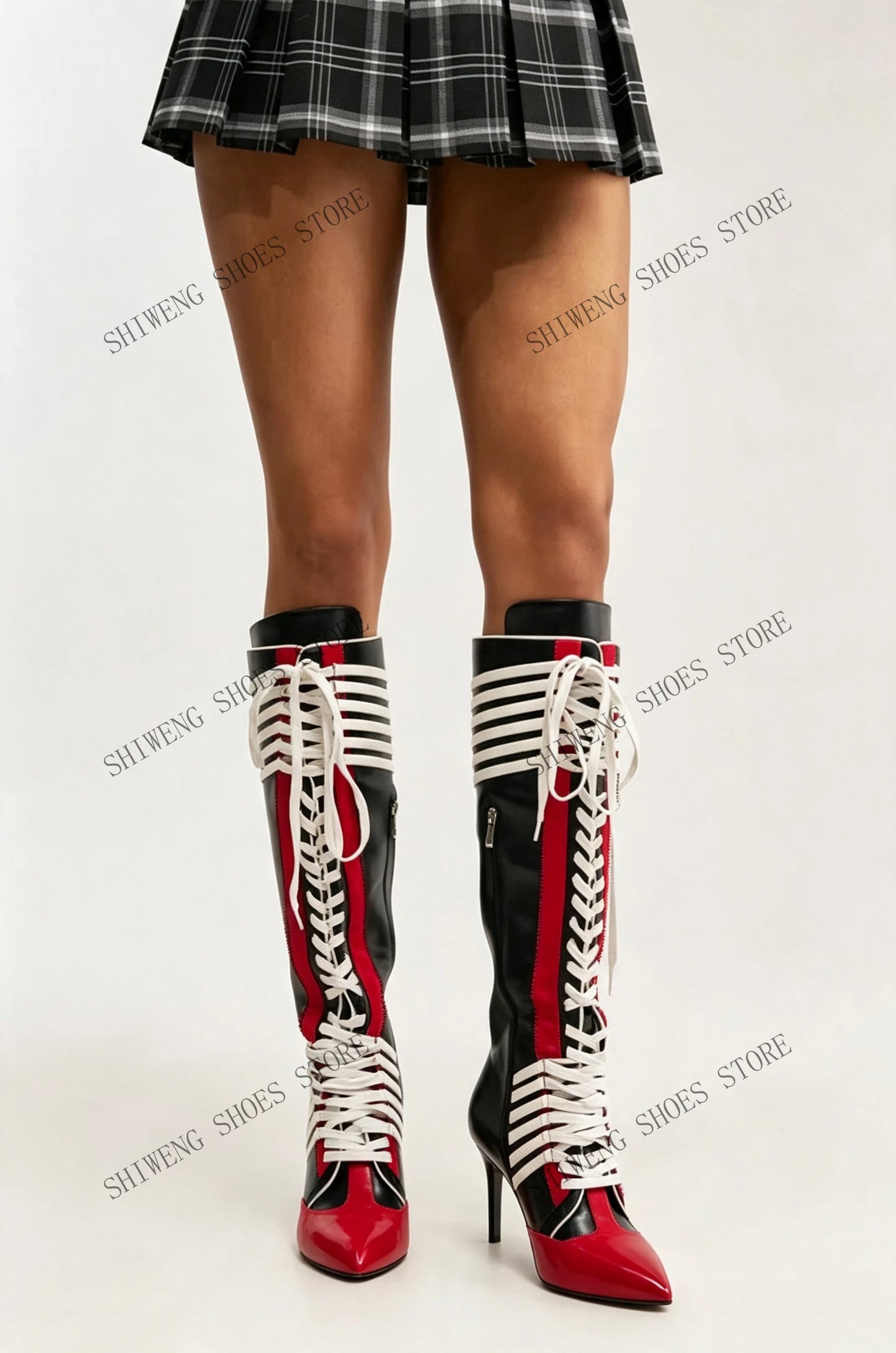 2026 New Black Red Color Block Striped Knee High Boots Women Full Lace Up Thin Stiletto High Heel Fashion Streetwear Long Boots
