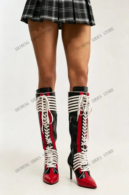 2026 New Black Red Color Block Striped Knee High Boots Women Full Lace Up Thin Stiletto High Heel Fashion Streetwear Long Boots