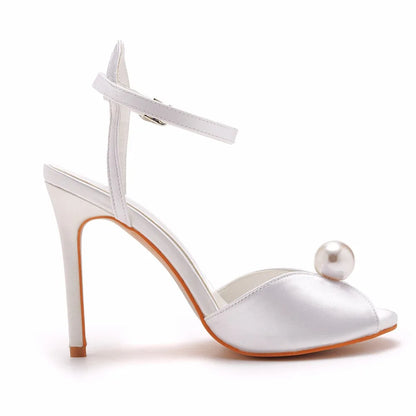 10cm High Heeled Sandals Luxury White Satin Cloth Fish Mouth Women's Shoes Banquet Wedding Dress Bridal Shoes Female