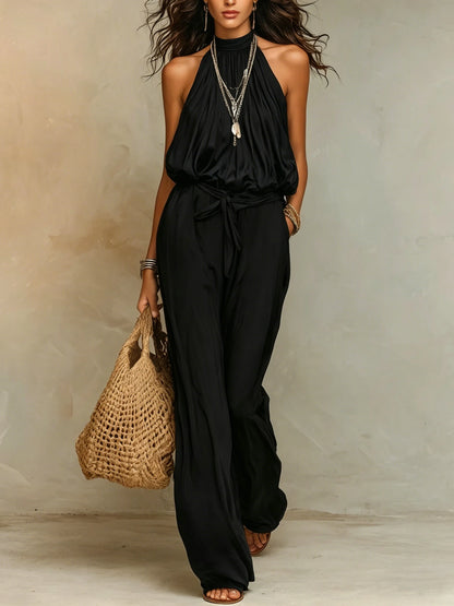 Women Halter Neck Sleeveless Jumpsuit Elastic Waist Belted Wide Leg Pants Summer Casual Loose Solid Color Romper